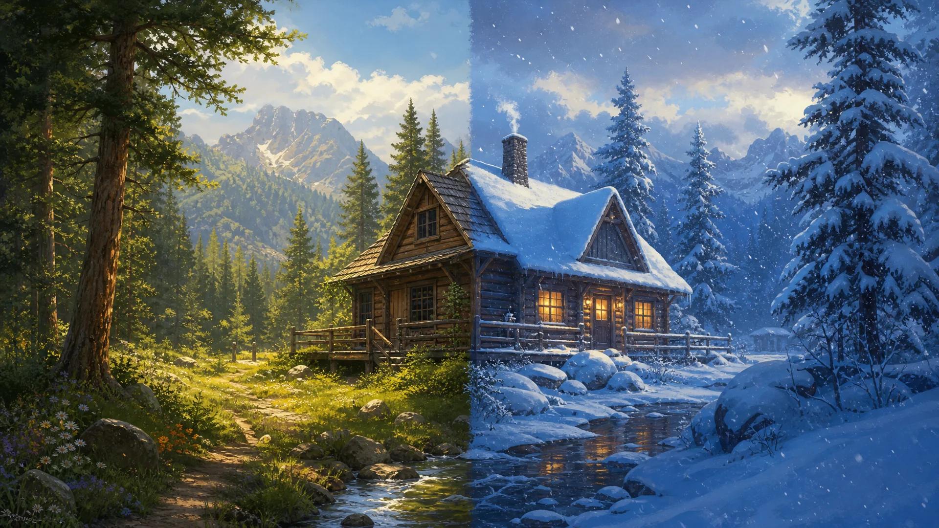 Add snow to photo hero visual: a stylized countryside scene split between a green summer day and a snowy winter day