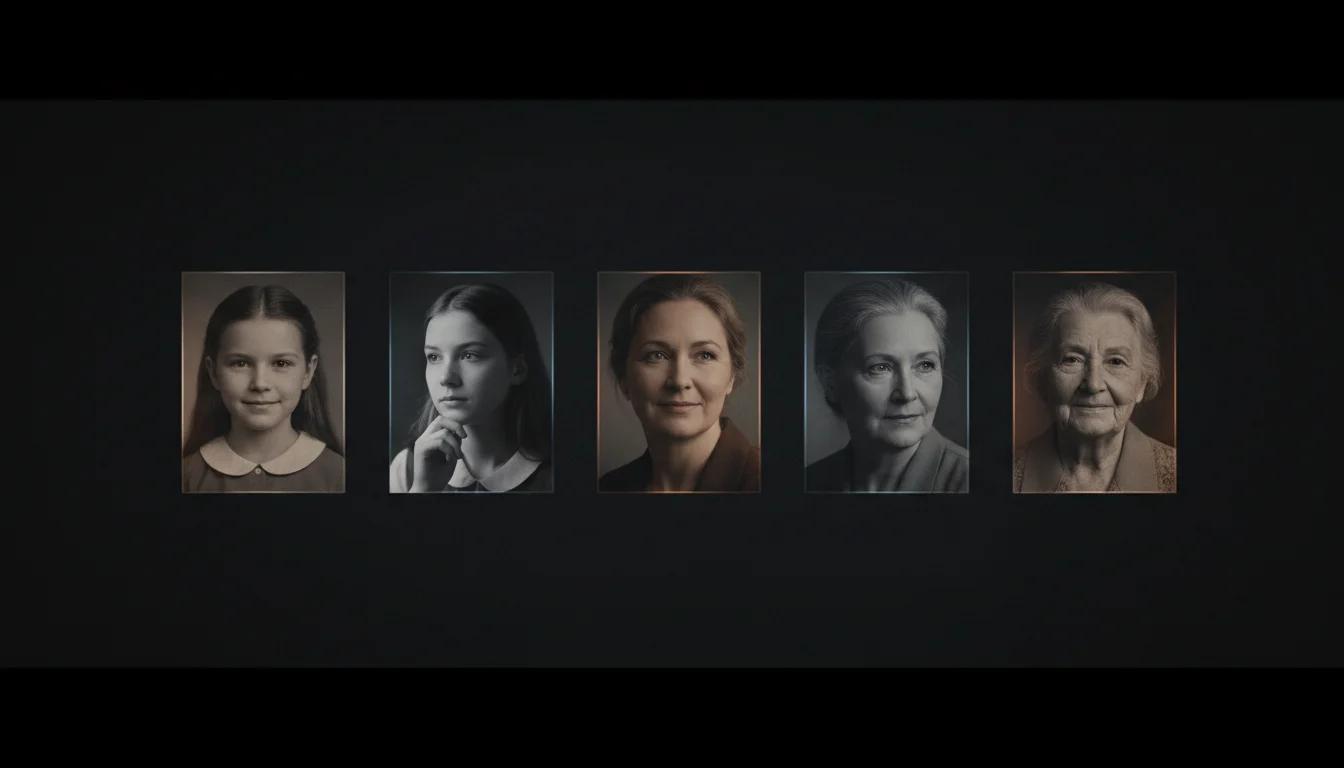 AI Age Progression timeline showing the same face from child to elderly