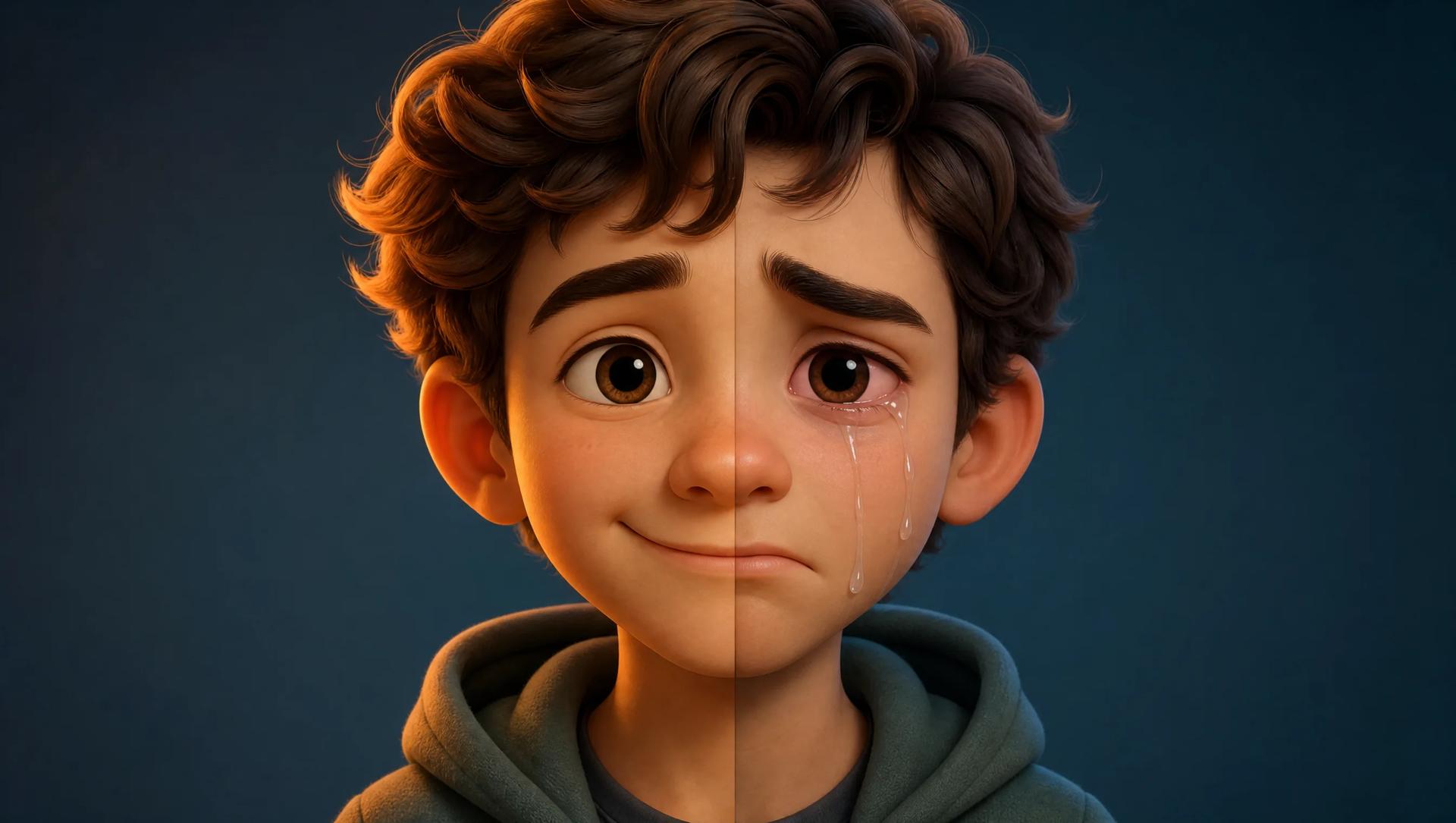 AI crying filter hero visual: a stylized 3D character portrait split between a warm smile and a tearful crying face
