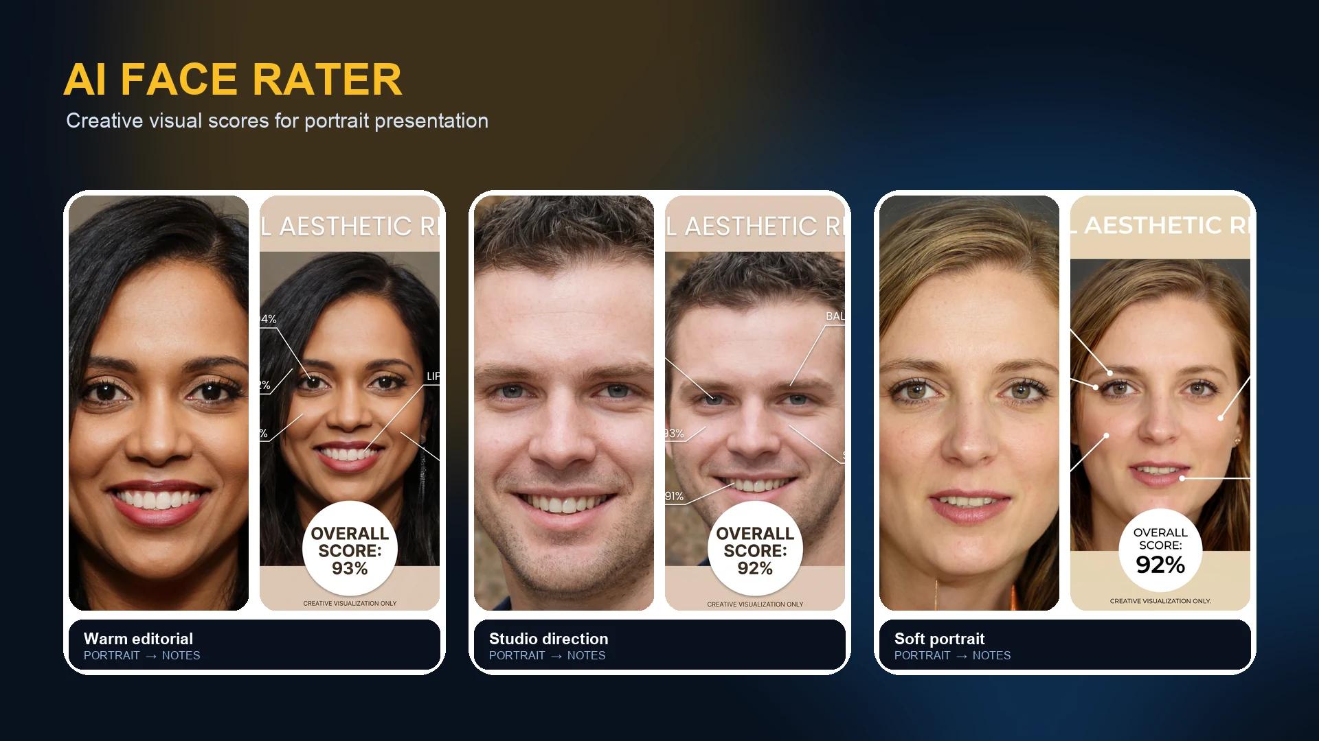 Three original portraits paired with AI Face Rater portrait presentation reports