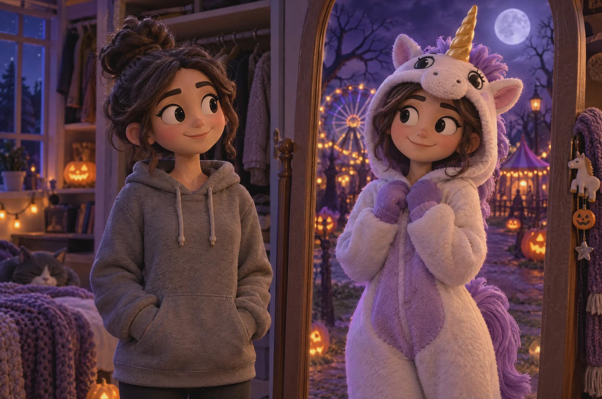 Stylized claymation character in a gray hoodie seeing her Buddy the Unicorn mascot costume reflection in a wardrobe mirror at a moonlit carnival
