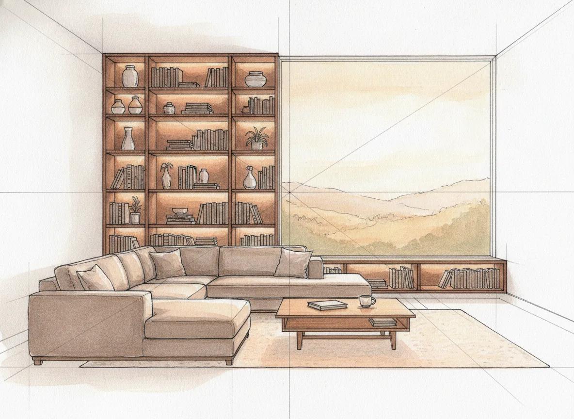 One-point perspective drawing of a modern living room with sofa and bookshelves