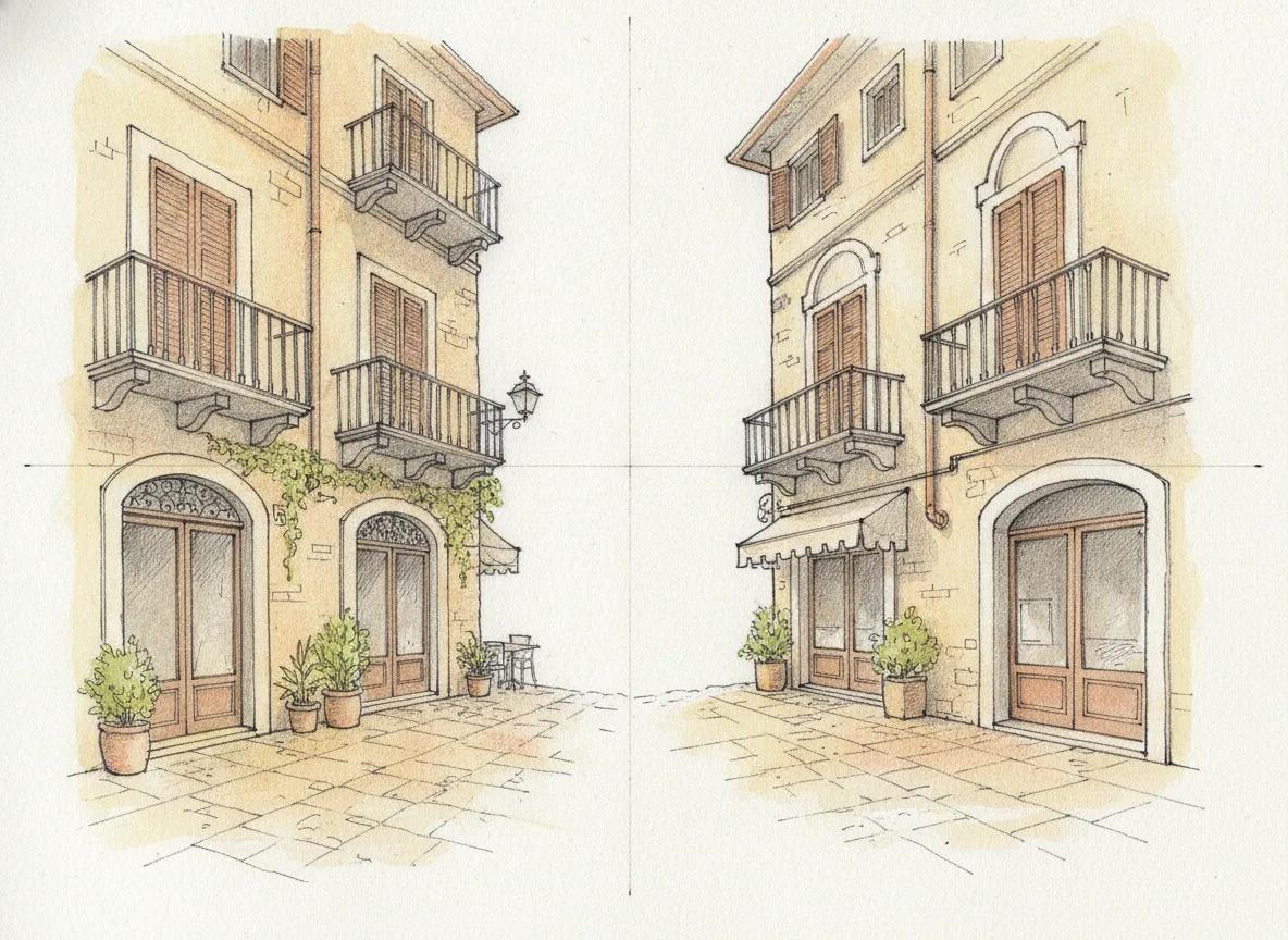 Two-point perspective drawing of a city street corner with balconies