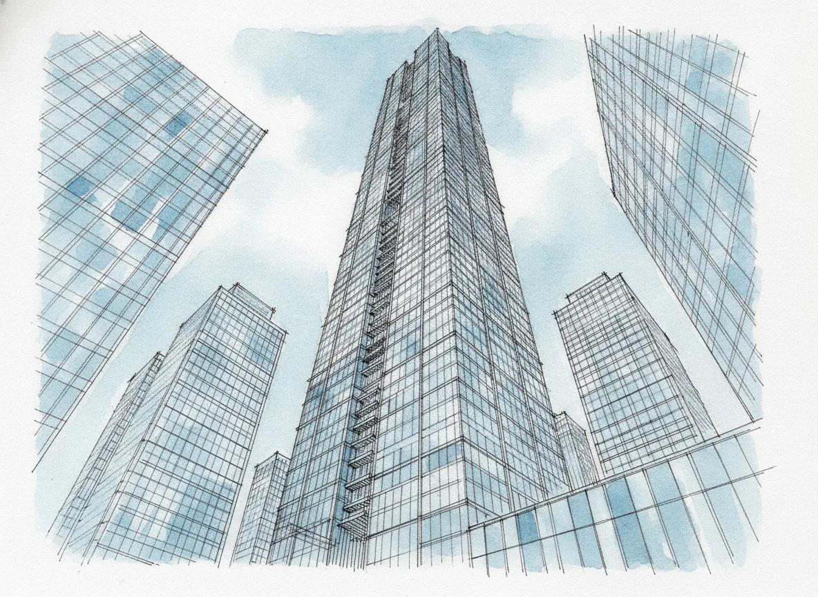 Three-point perspective drawing of a skyscraper seen from below