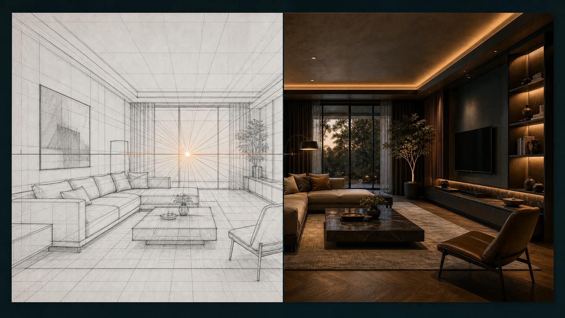 Perspective drawing of a living room: half ink sketch with a vanishing point, half color render