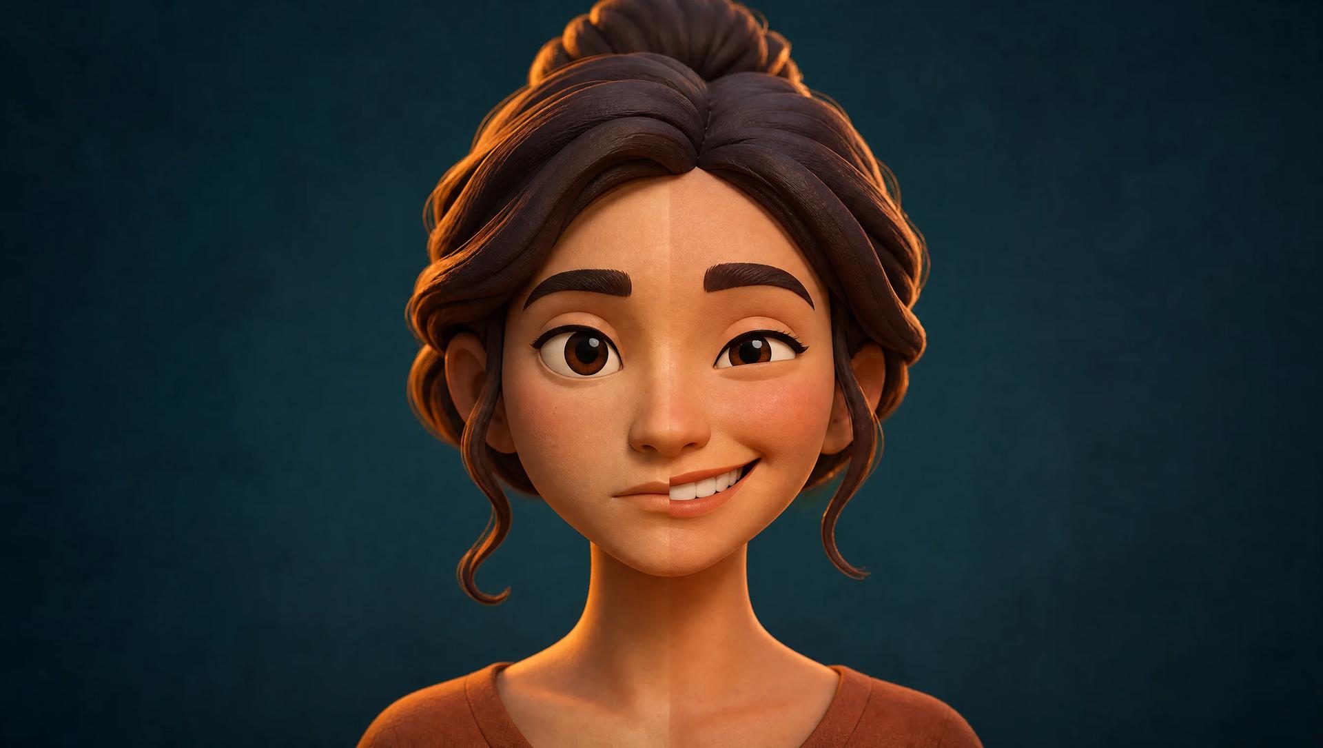 AI smile filter hero visual: a stylized 3D character portrait split between a neutral face and a warm beaming smile