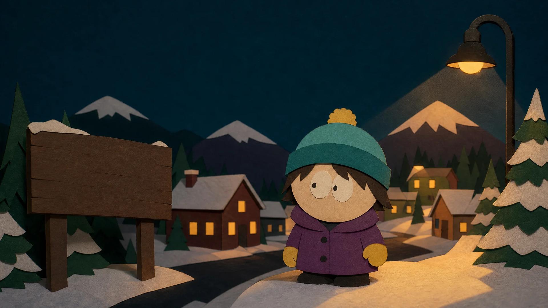 AI South Park character creator hero visual: a flat cut-paper cartoon kid in a purple parka and teal hat standing in a snowy cartoon town at dusk