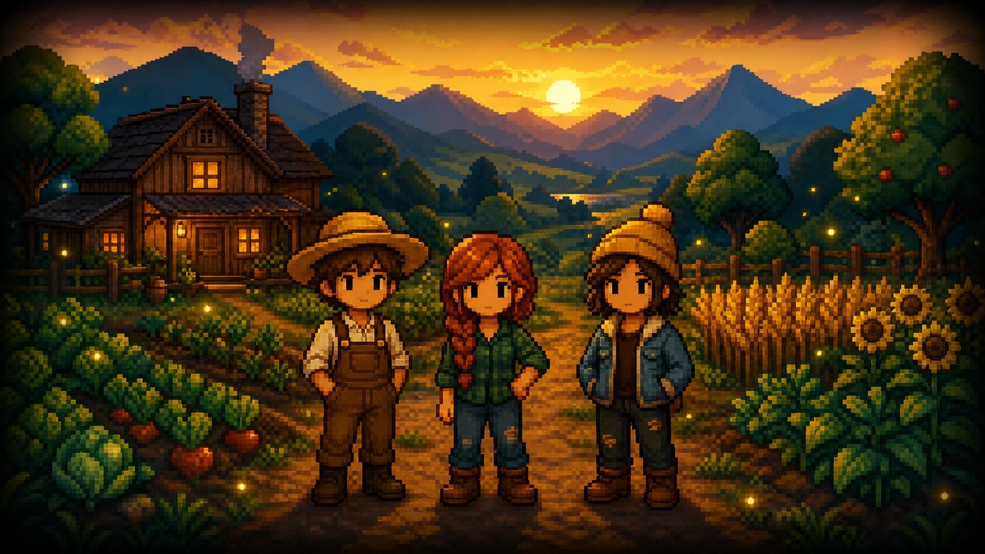 AI Stardew Valley character generator hero visual: three original pixel-art farmers standing on a golden-hour farm path near a cozy wooden farmhouse