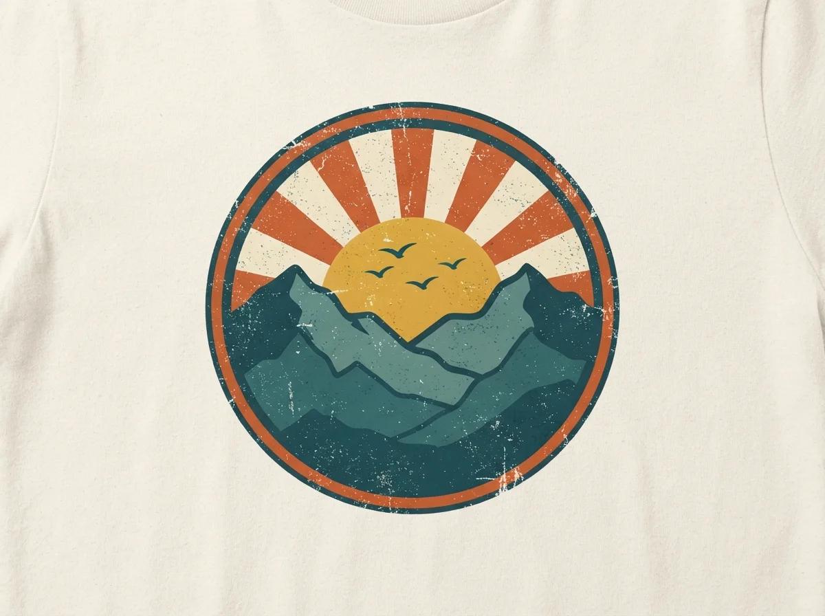 Retro sunset mountains badge shirt graphic in burnt orange, mustard, and teal on an off-white background