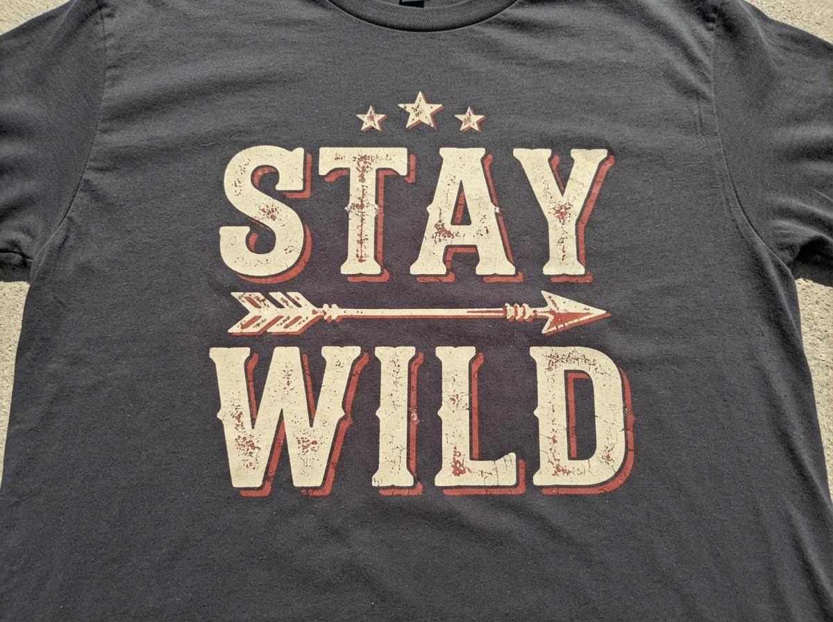 Vintage letterpress shirt graphic with the words STAY WILD in distressed slab-serif letters on a charcoal background