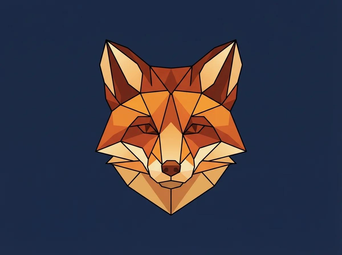 Geometric low-poly fox head shirt graphic in orange and amber triangular facets on a deep navy background