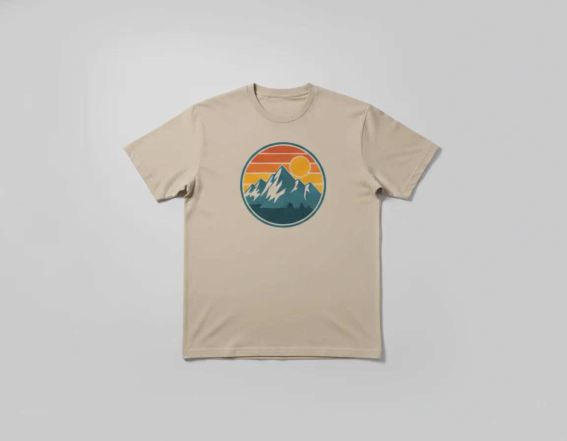 Sand-beige t-shirt printed with a retro sunset mountains badge created with the ai t shirt design generator