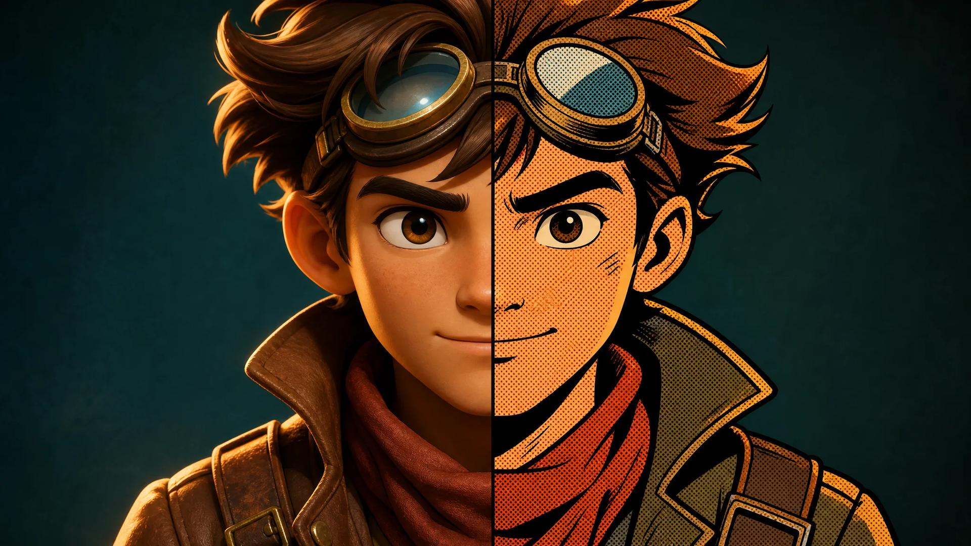 Comic book filter hero art: a stylized cartoon adventurer split between smooth 3D shading and comic-book ink with halftone dots