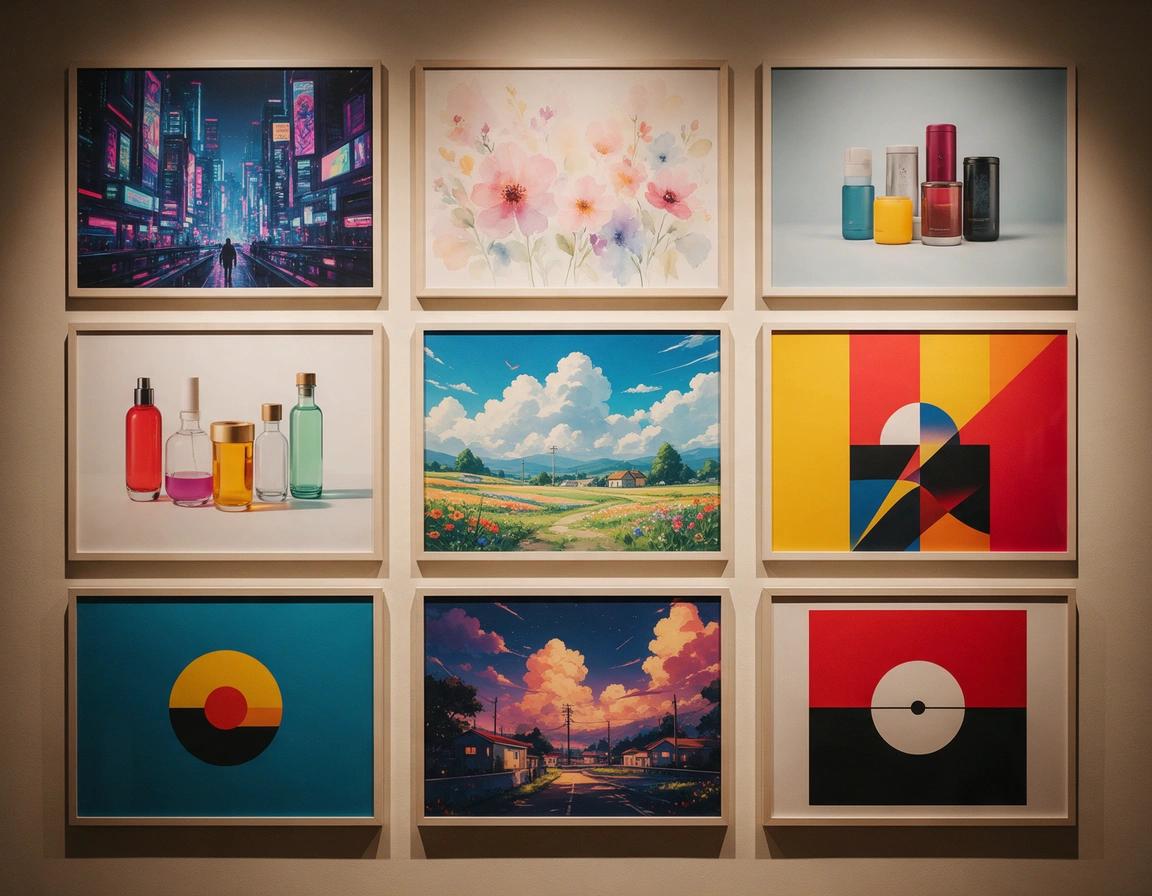 Dola AI image generator hero visual: a gallery wall of nine framed AI art prints in vivid styles on a warm studio wall