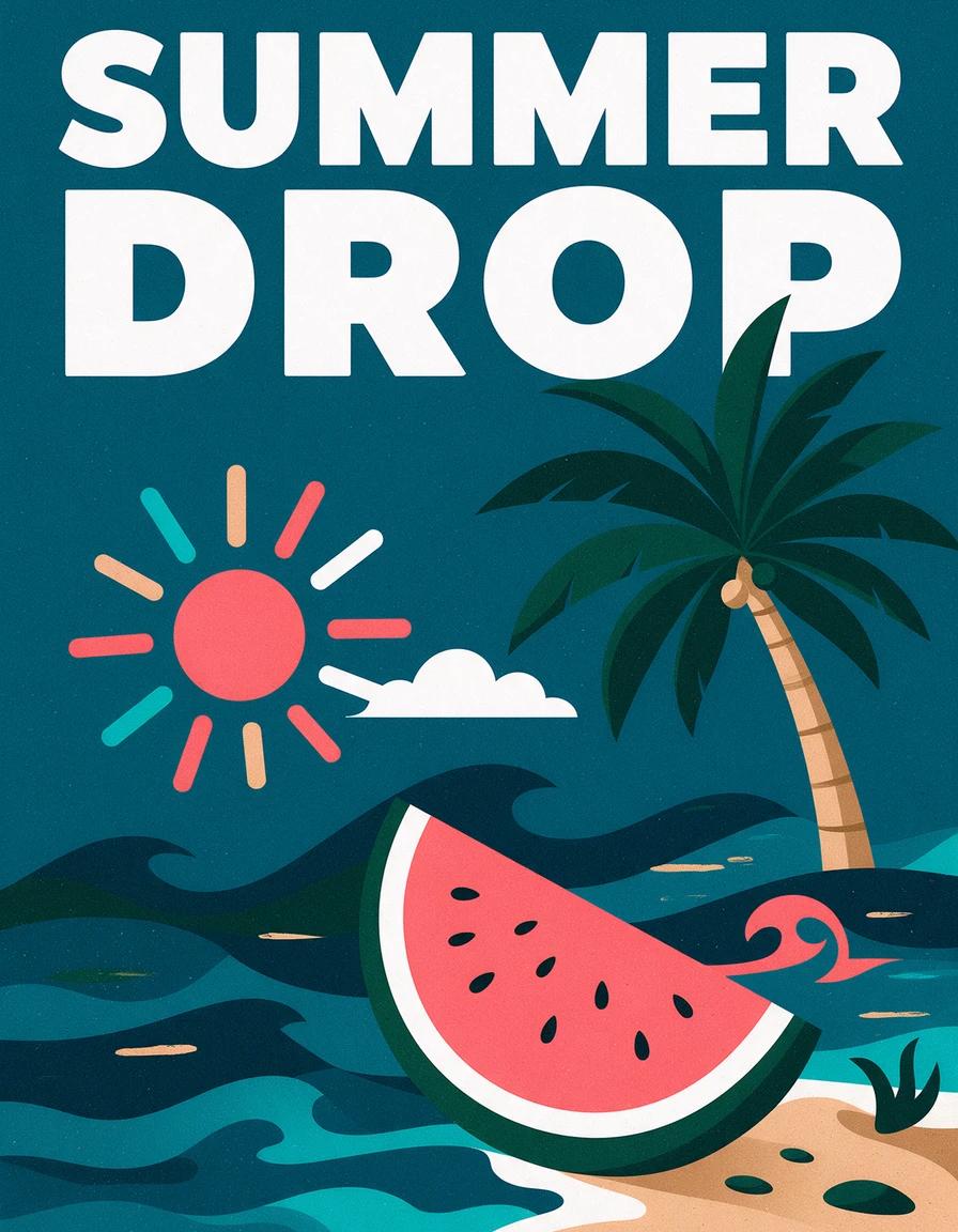 Dola AI image generator flat summer festival poster with a legible SUMMER DROP headline, watermelon, palm tree, and teal waves