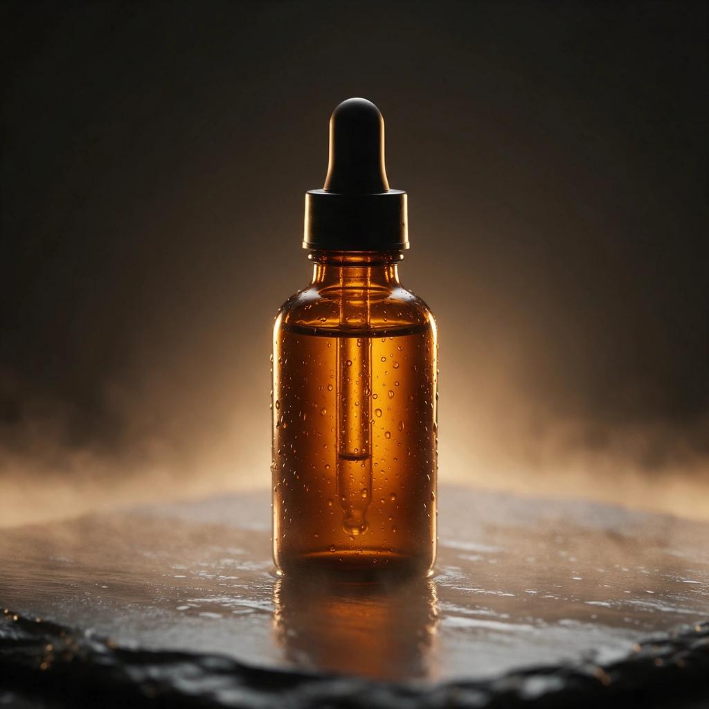 Dola AI image generator studio product photograph of an amber skincare serum bottle on wet slate with golden backlight