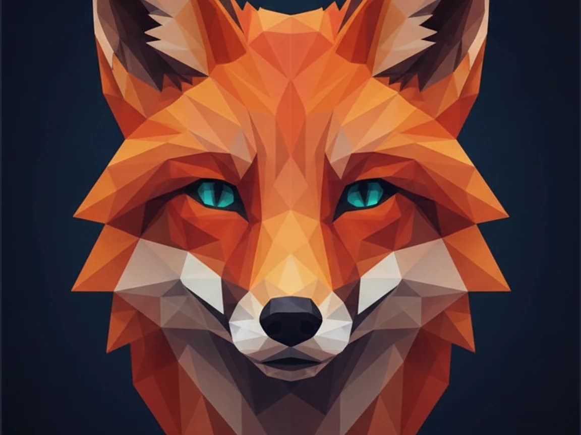 Low poly generator hero visual: a red fox portrait rebuilt from crisp triangular facets in warm shades of rust and cream