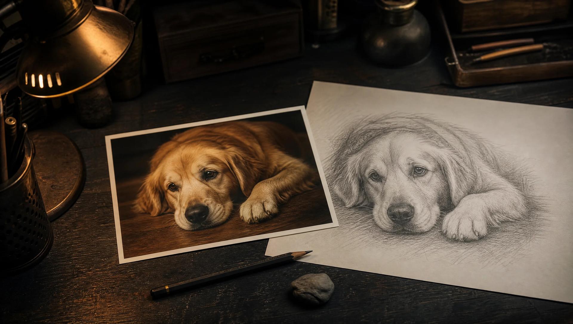 A printed color photo of a golden retriever lying beside its pencil sketch version on a dark artist desk with a graphite pencil