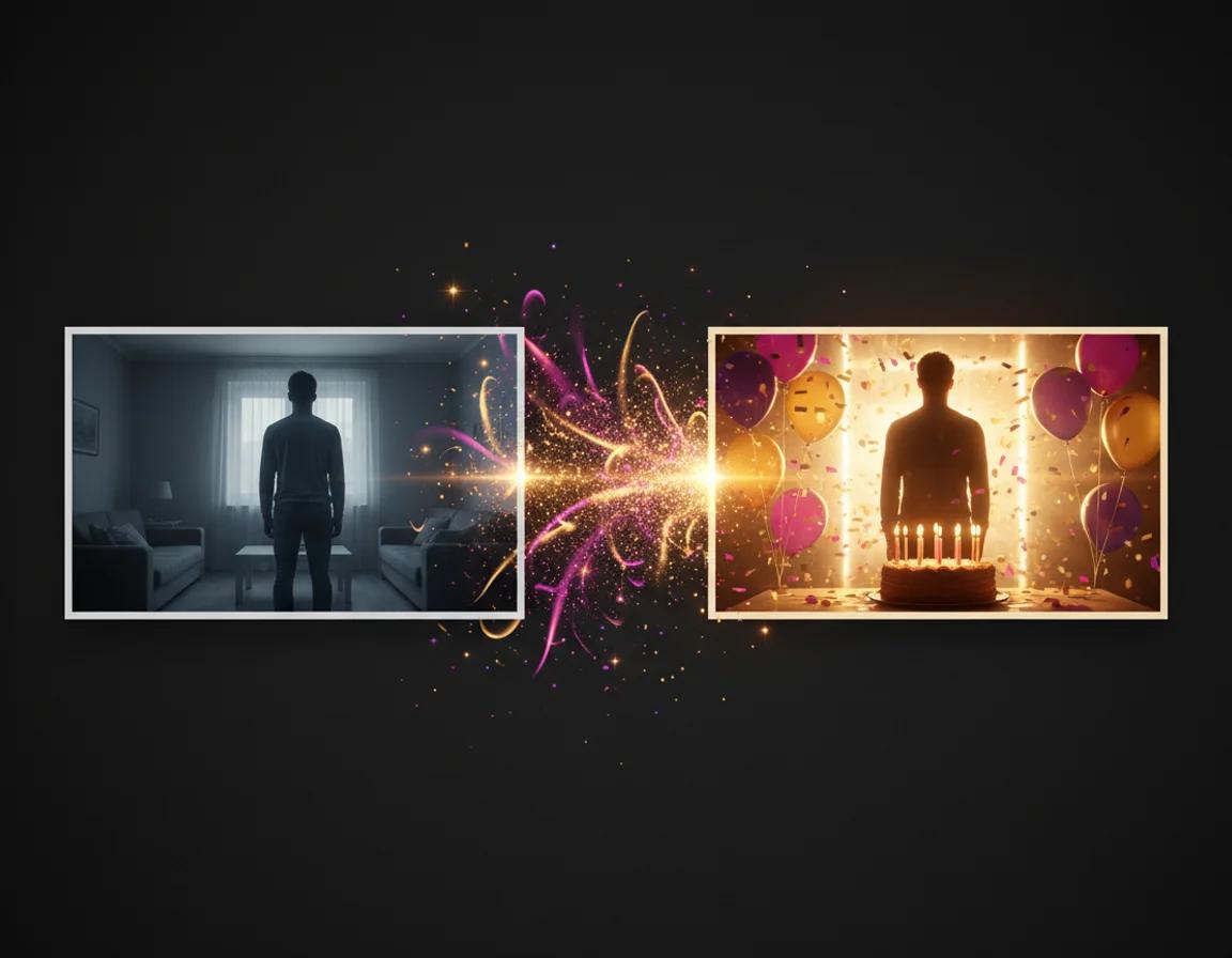AI birthday video visual metaphor: a single portrait photo transforming into a celebration scene with a candle-lit cake, balloons, and confetti