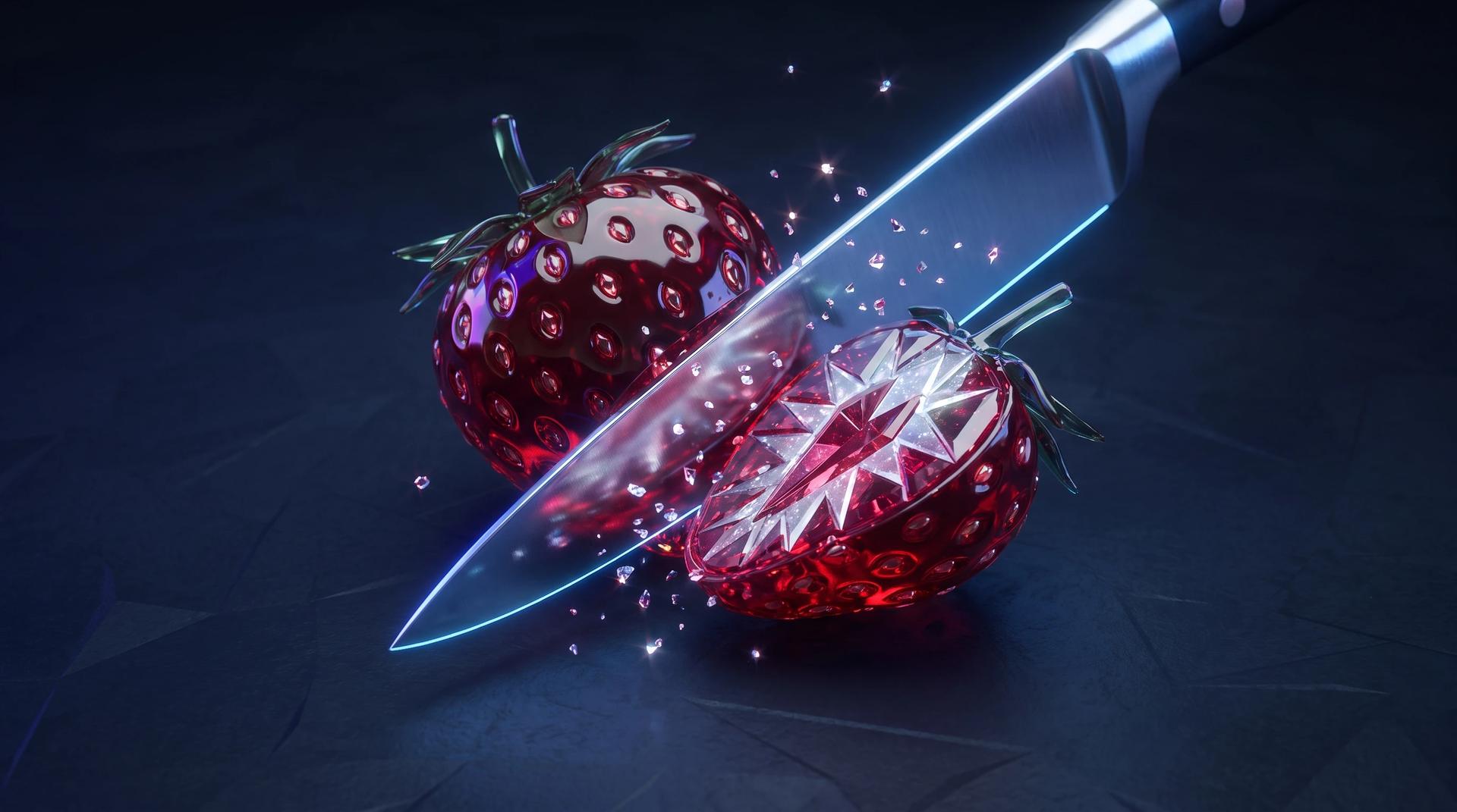 Stylized 3D render of a knife slicing a glass-textured strawberry mid-cut