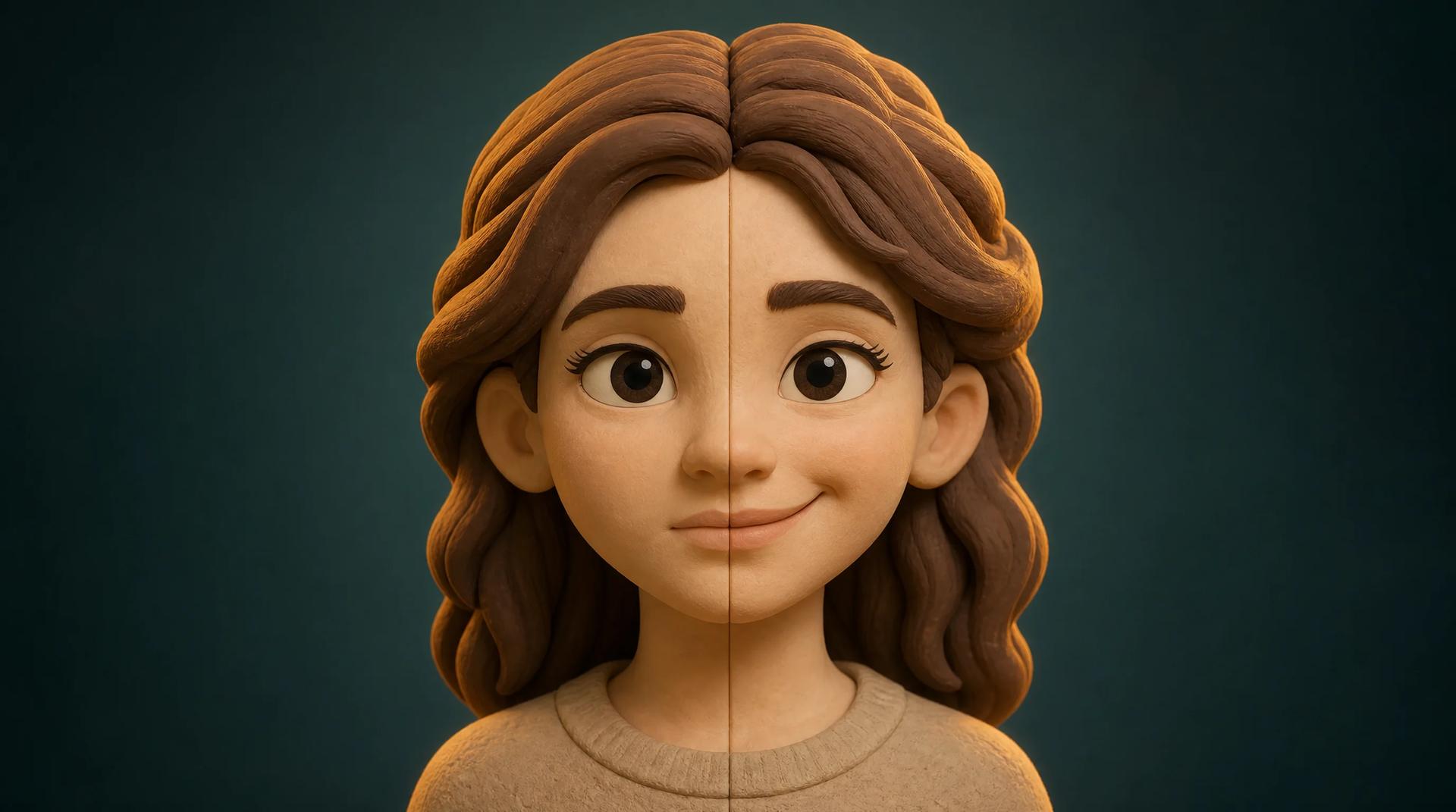 Stylized portrait card warming into a living smiling frame with soft motion lines
