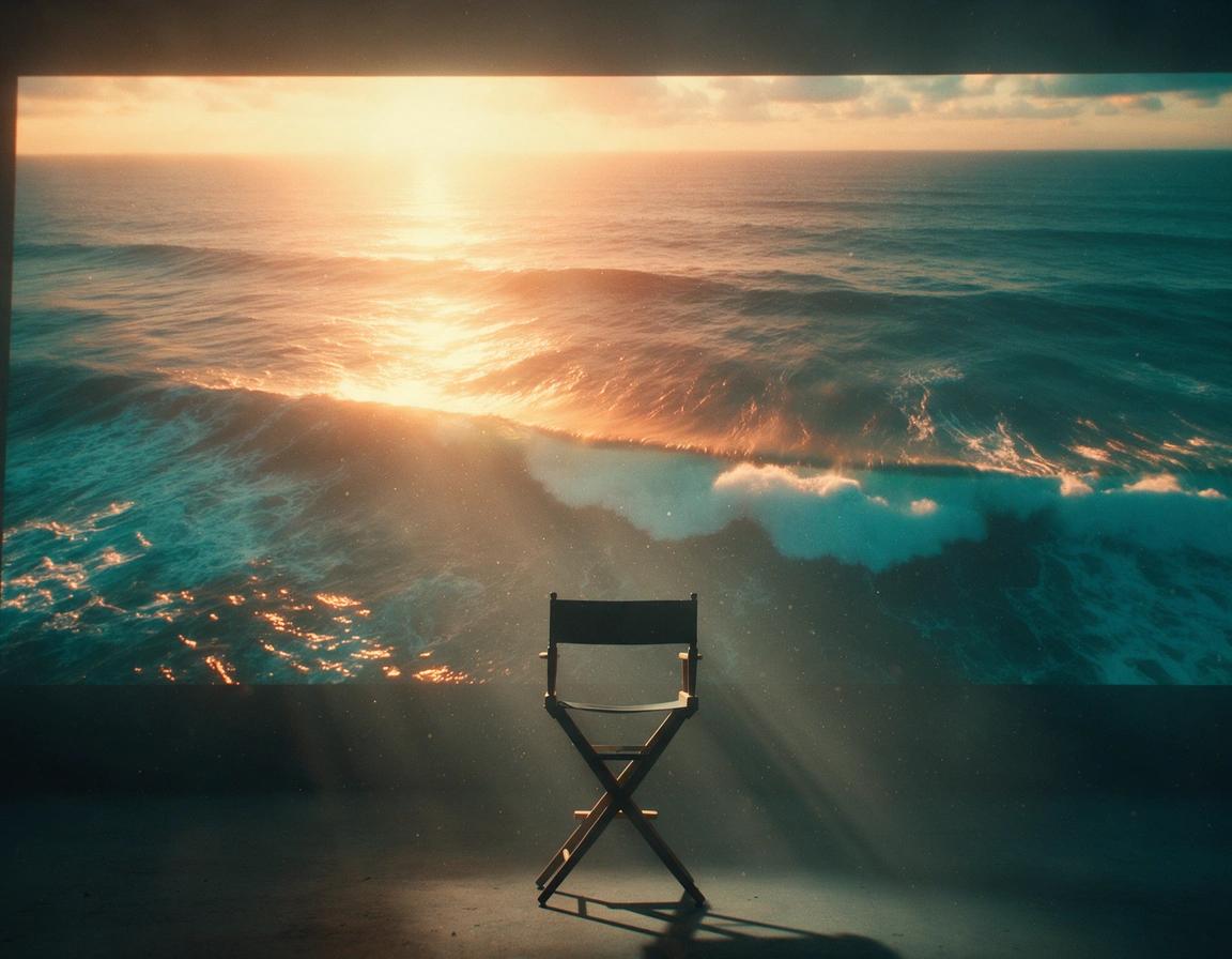 Dola AI video generator hero visual: a director chair facing a giant glowing screen showing an aerial ocean sunset in a dark studio