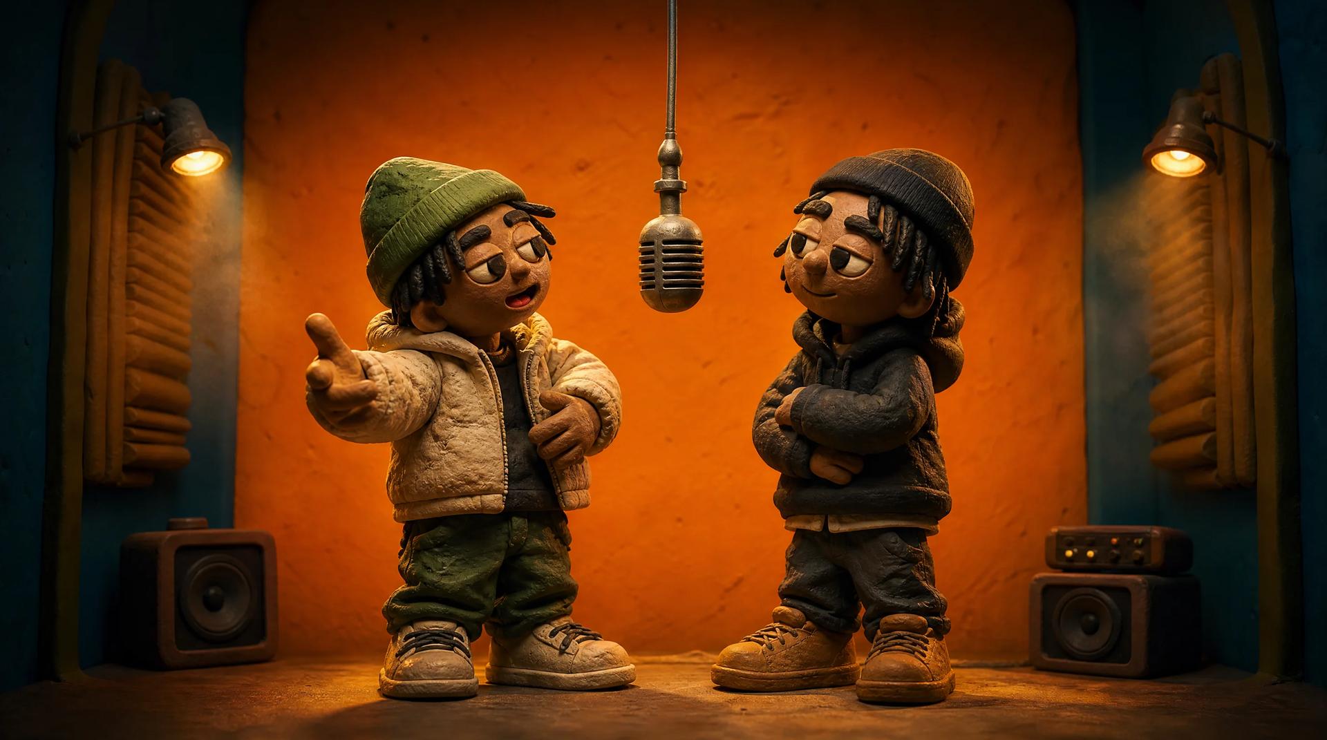 Stylized orange studio booth with two performers under a single hanging microphone