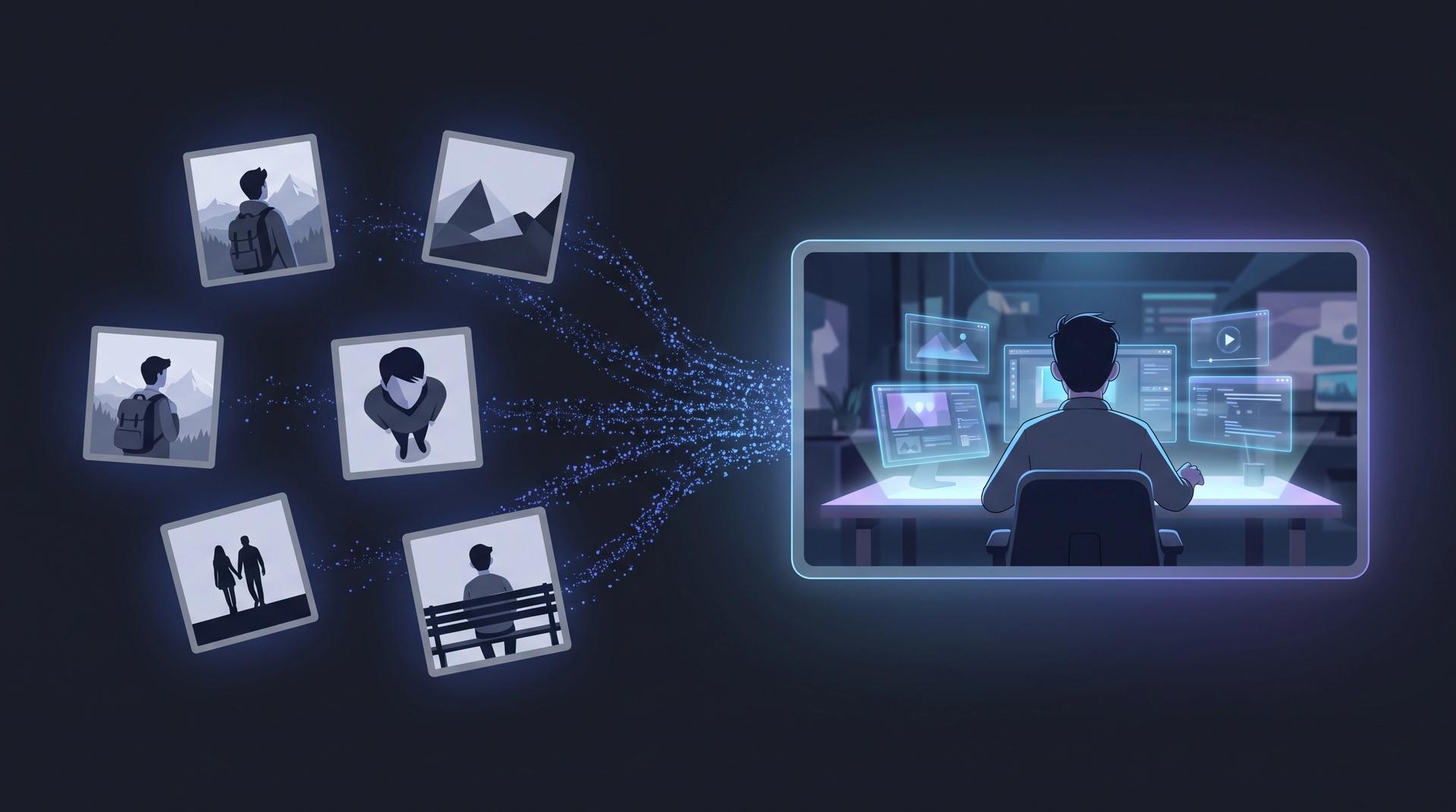 Reference to video concept art: reference images combining into one consistent AI video scene
