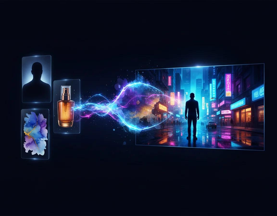 Reference to video concept: character, product, and style reference cards fusing into one consistent neon-city video frame