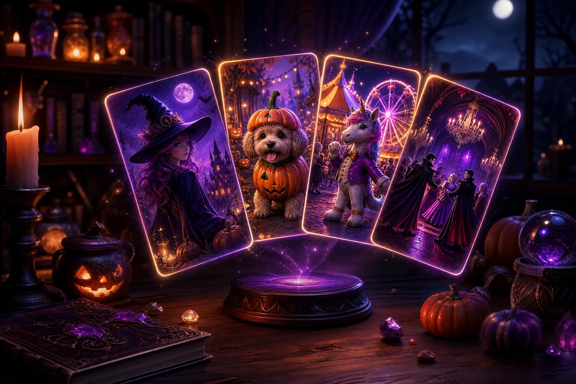 Glowing holographic cards showing Halloween scenes floating above a candlelit wooden desk