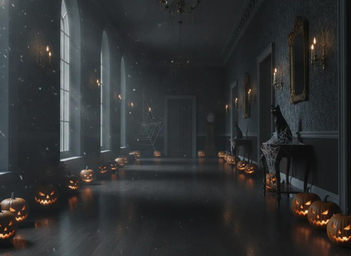 Haunted Hallway Push-In example generated with our Halloween AI prompts