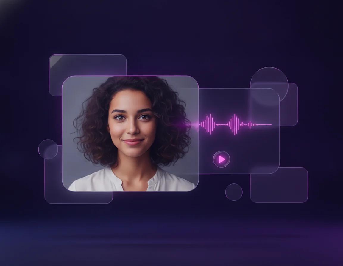 An A2E AI-style portrait photo card transforming into a talking video player