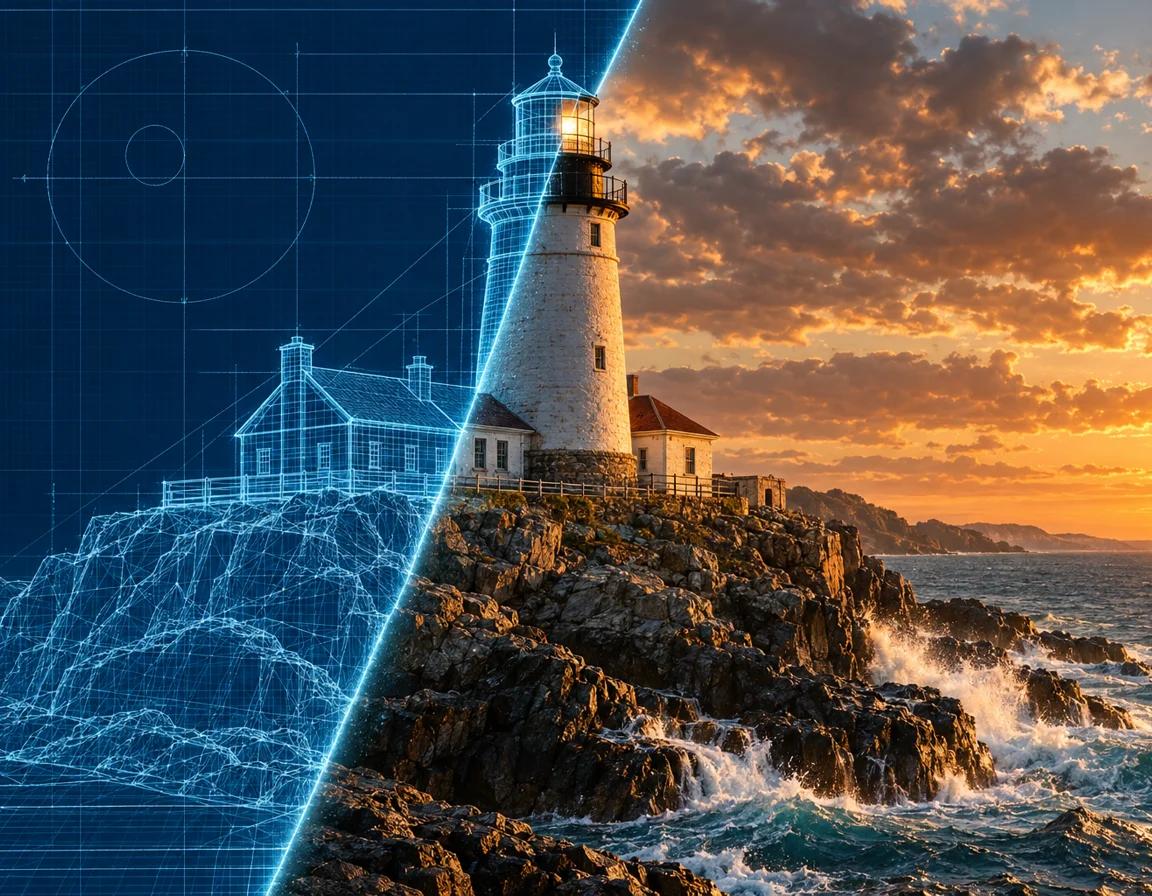 A GPT Image 2.5 render transitioning from a glowing blueprint sketch of a lighthouse into a vivid golden-hour photograph