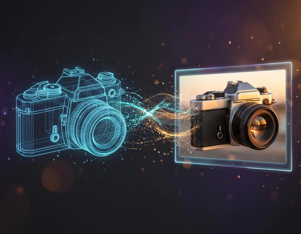 A Nano Banana 2.1 concept render transitioning from a glowing cyan wireframe blueprint of a vintage film camera into a photorealistic golden-hour photograph