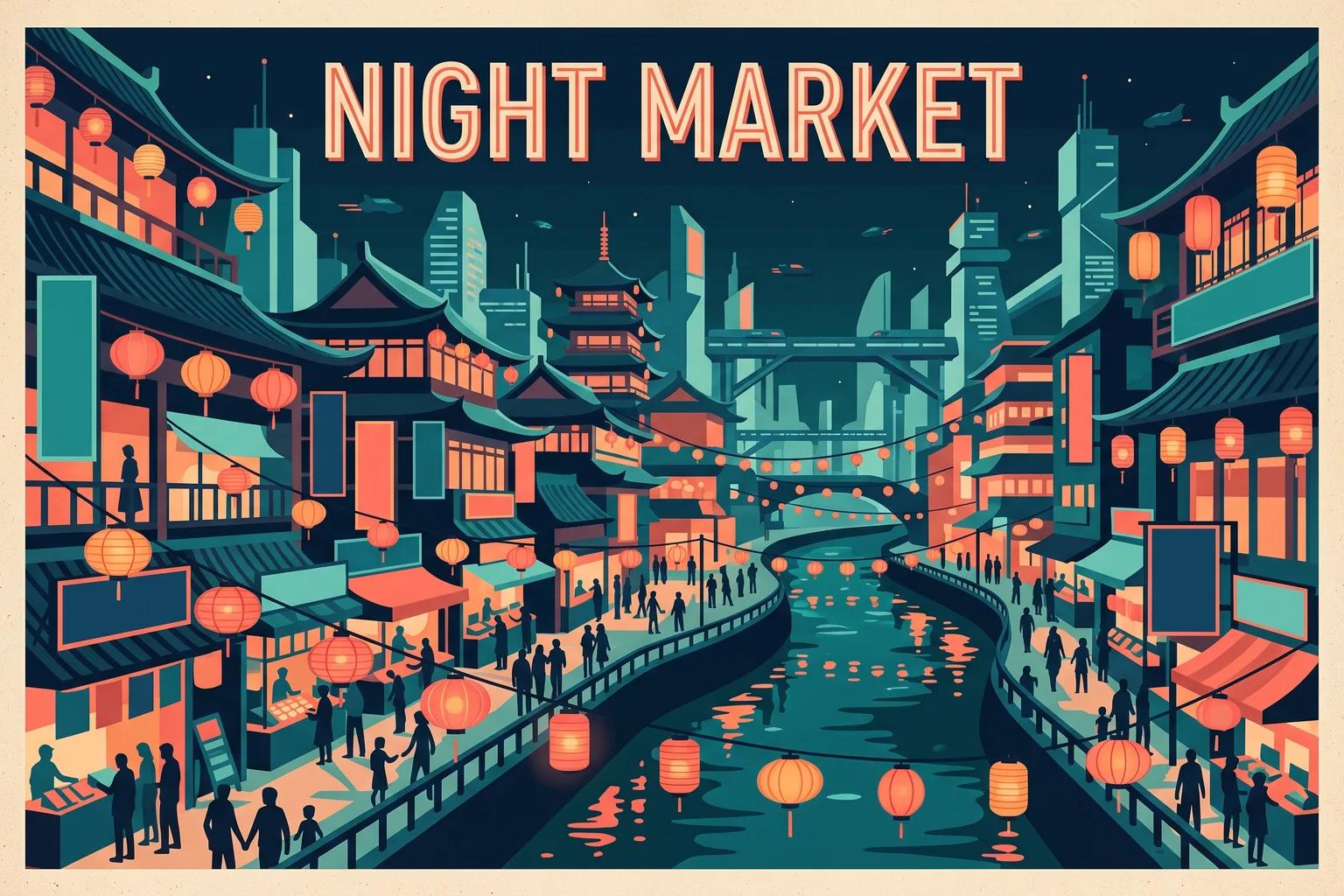 Nano Banana 2.1 retro travel poster with a legible NIGHT MARKET headline
