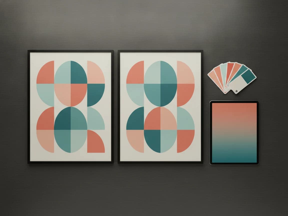 Overhead flat-lay of a designer desk with abstract geometric art prints, color swatches, and a gradient tablet, rendered by this Recraft AI image generator