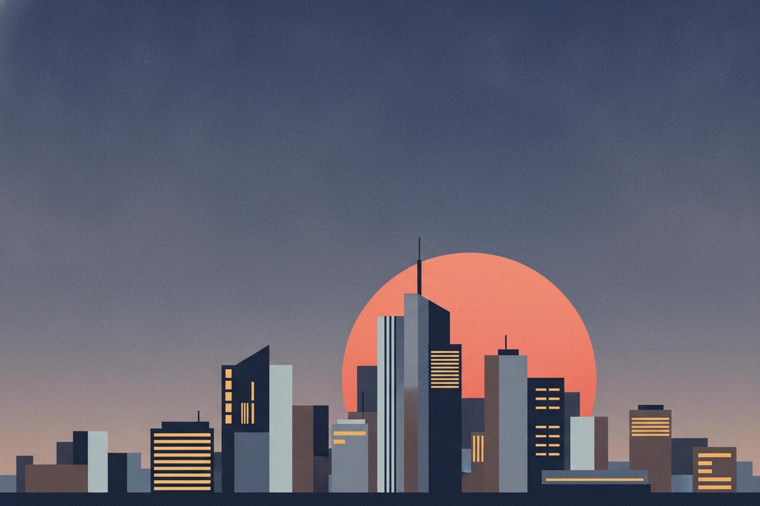 Flat geometric city skyline editorial illustration with a limited palette, rendered by the on-page MaxArt generator